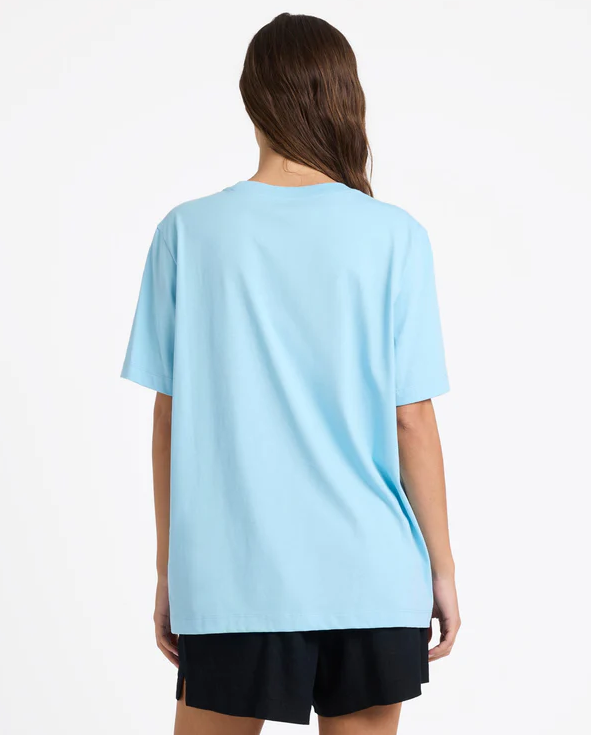 Roxy Womans Sweet Life Tee in sky blue on model from rear