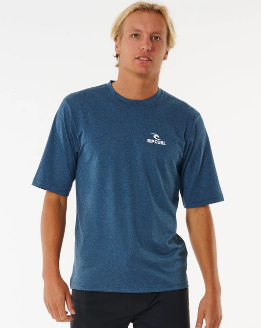Rip Curl Stack Brand Icon UPF Short Sleeve Rash Tee in blue marle from front