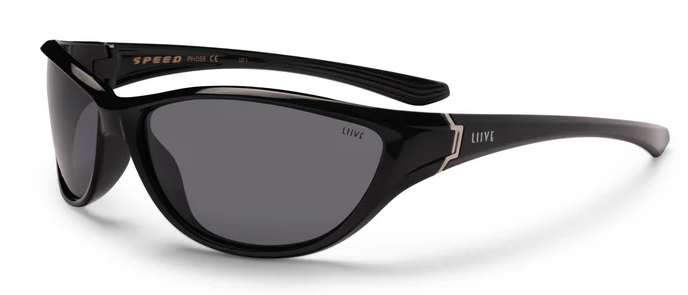 Liive speed polarised sunglasses in black with white background