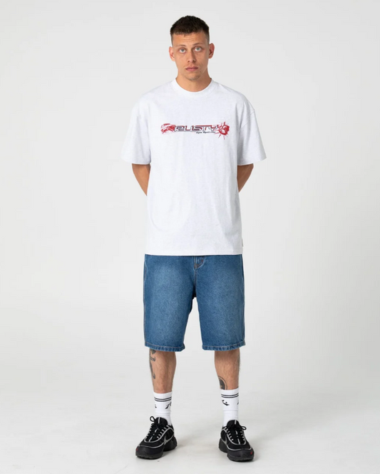 Rusty Larry 22" Men's Denim Shorts in blasted middy blue colourway on model in white rusty tee from the front