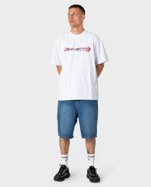 Rusty Larry 22" Men's Denim Shorts in blasted middy blue colourway on model in white rusty tee from the front