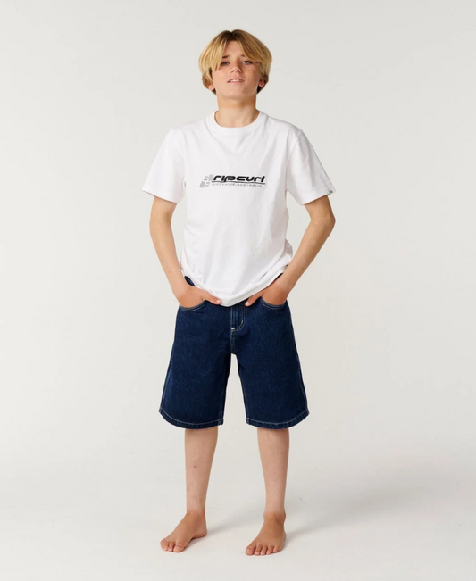 Rip Curl Boys Script 22" Denim Shorts in true indigo colourway on model in white Rip Curl tee from front