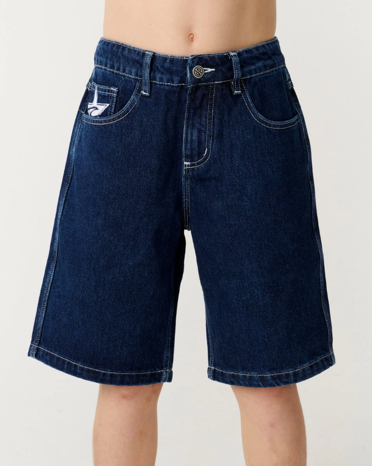 Rip Curl Boys Script 22" Denim Shorts in true indigo colourway from the front close up