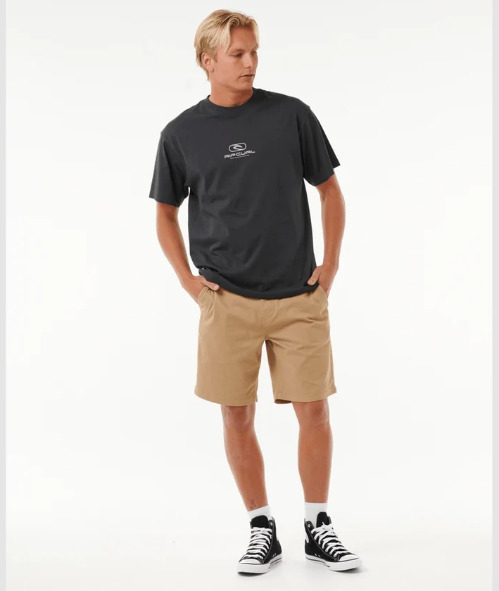 Rip Curl Classic Surf 19" Chino Shorts in khaki colourway on model in grey rip curl tee from front