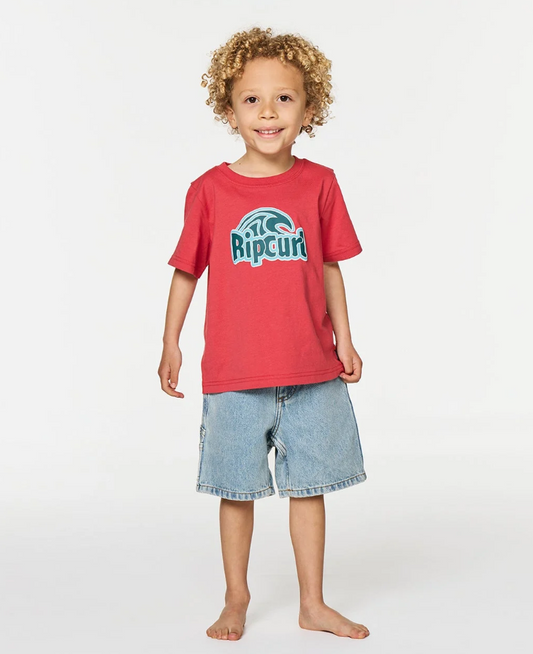 Rip Curl Paddle Out LWA Groms Tee in red on model in denim shorts