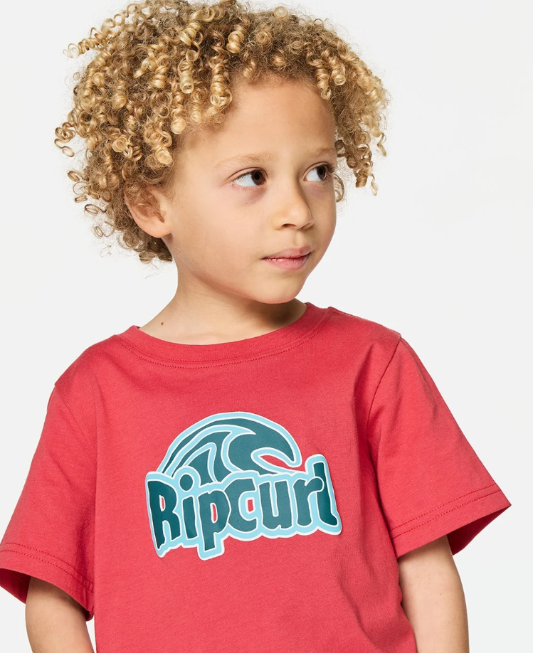 Rip Curl Paddle Out LWA Groms Tee in red  close up on chest print