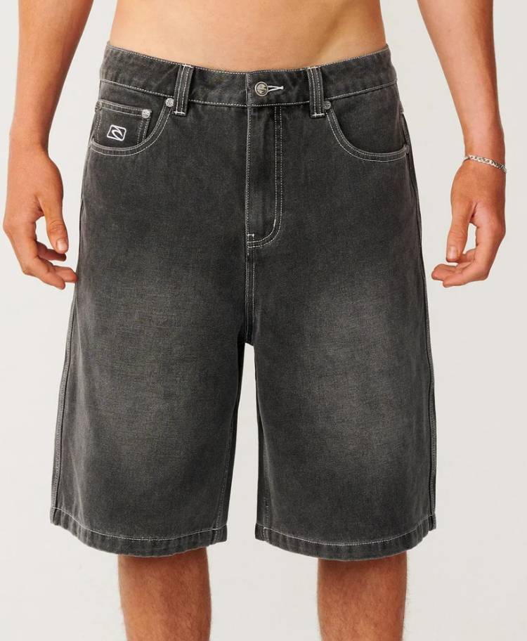 Rip Curl Archine 23" Dirty Denim Shorts in washed grey from the front close up