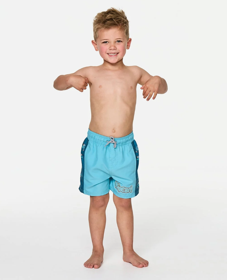 Rip Curl Paddle Out Boys Volley Shorts in light blue on model from the front