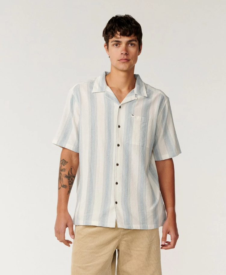 Rip Curl Classic Surf Weaver Short Sleeve Shirt in bone colourway with light blue vertical stripes from front close up