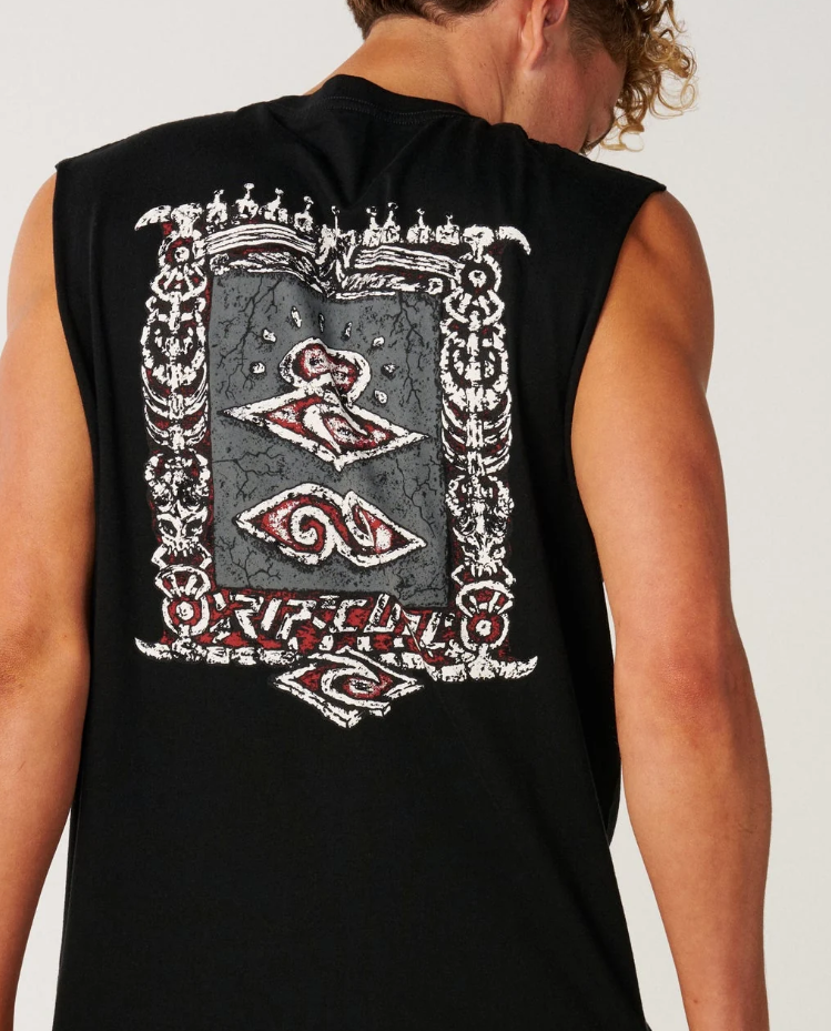 Rip Curl Disorder Boneyards Muscle Top in black from the rear close up