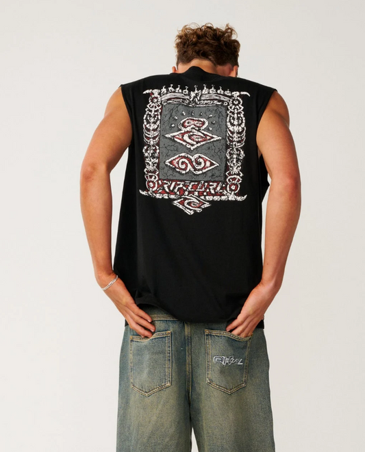Rip Curl Disorder Boneyards Muscle Top in black from the rear