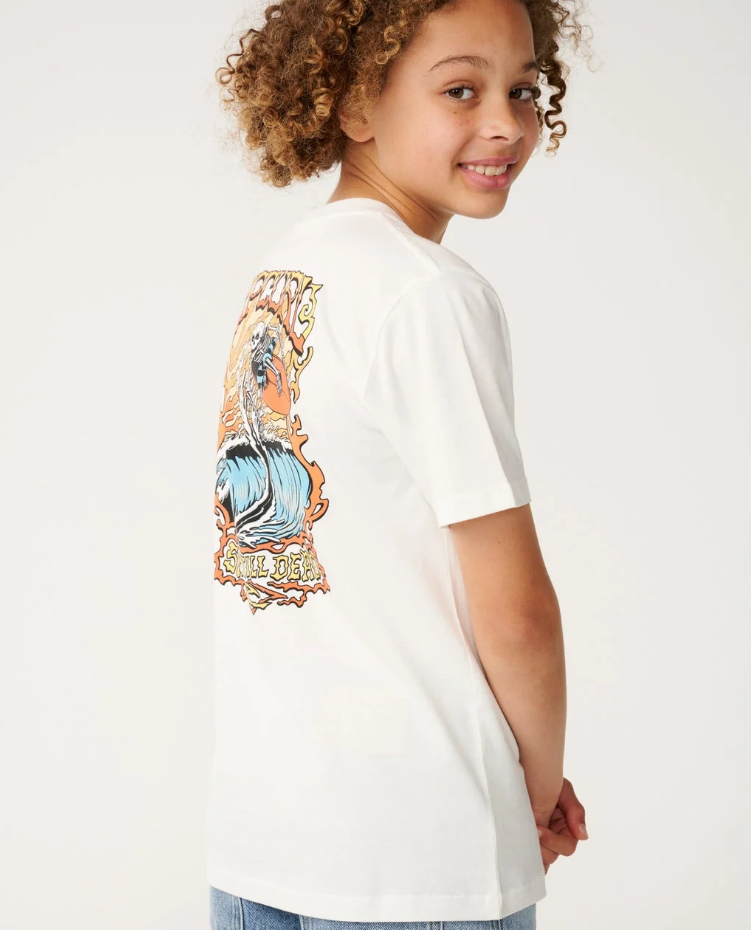 Rip Curl Air Shred Boys Tee in white on model in blue denim shorts from the back with a twist