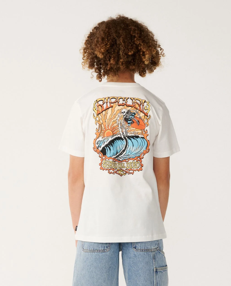 Rip Curl Air Shred Boys Tee in white on model in blue denim shorts from the back