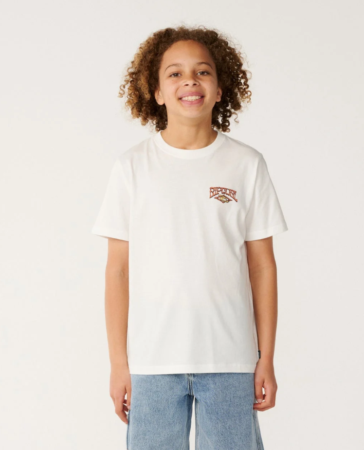 Rip Curl Air Shred Boys Tee in white on model in blue denim shorts from the front close up