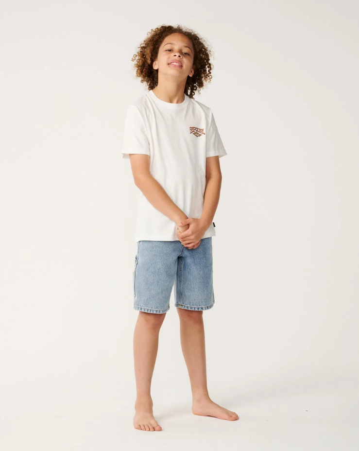Rip Curl Air Shred Boys Tee in white on model in blue denim shorts from the front