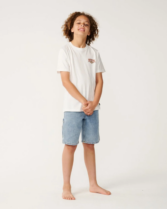 Rip Curl Air Shred Boys Tee in white on model in blue denim shorts from the front
