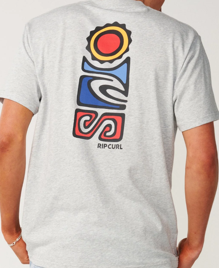 Rip Curl Surf Series Vaporcool Stack T-Shirt in grey marle on model from the back close up