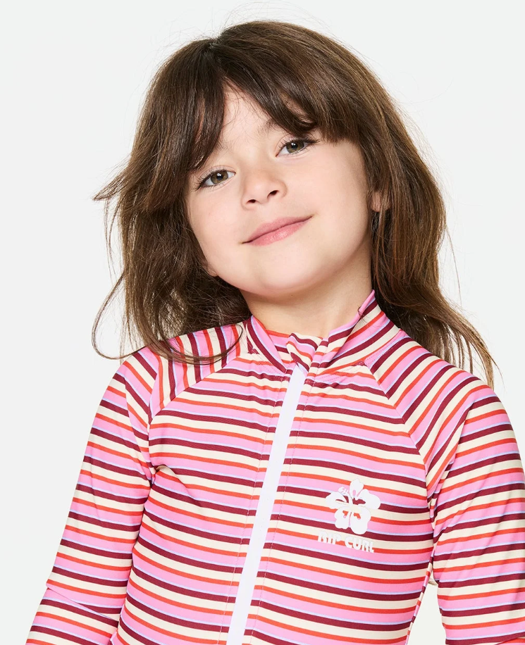 Rip Curl Sunset Stripe Girls Longsleeve Surf Suit in multi colour on model from the front close up