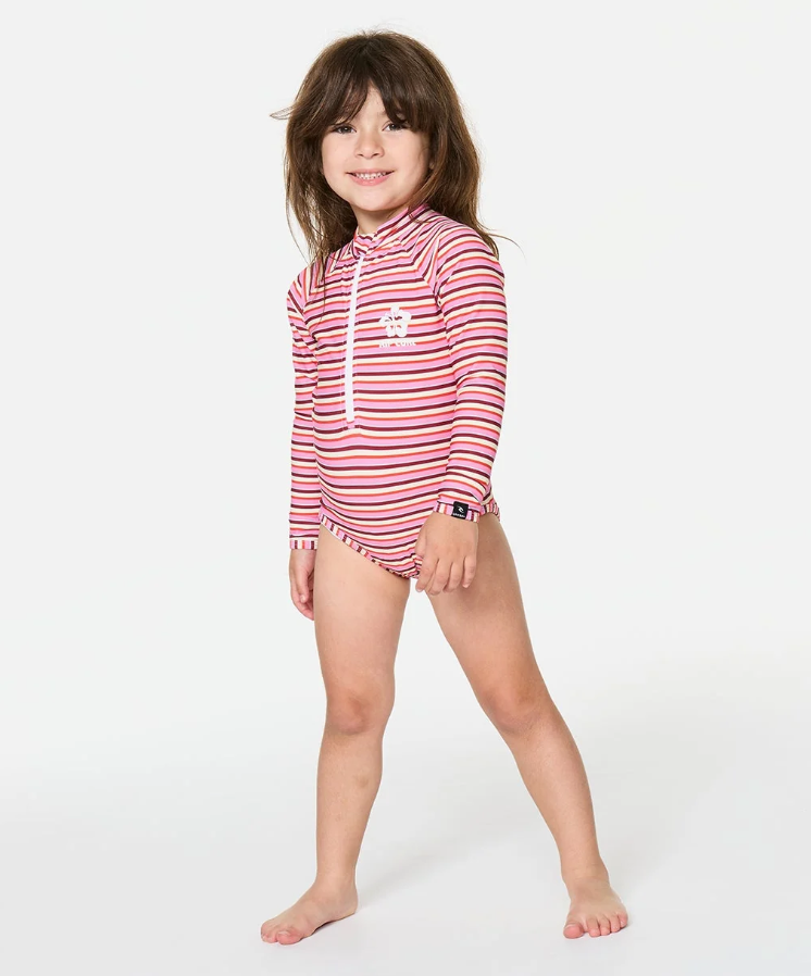 Rip Curl Sunset Stripe Girls Longsleeve Surf Suit in multi colour on model from the front