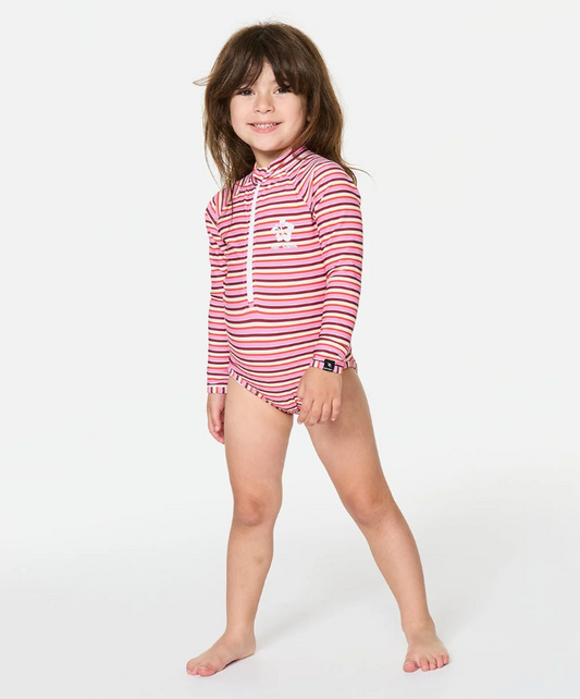 Rip Curl Sunset Stripe Girls Longsleeve Surf Suit in multi colour on model from the front