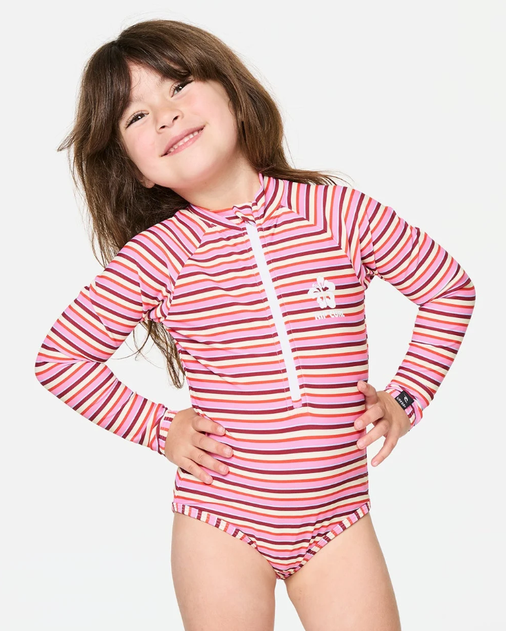 Rip Curl Sunset Stripe Girls Longsleeve Surf Suit in multi colour on model from the front close up