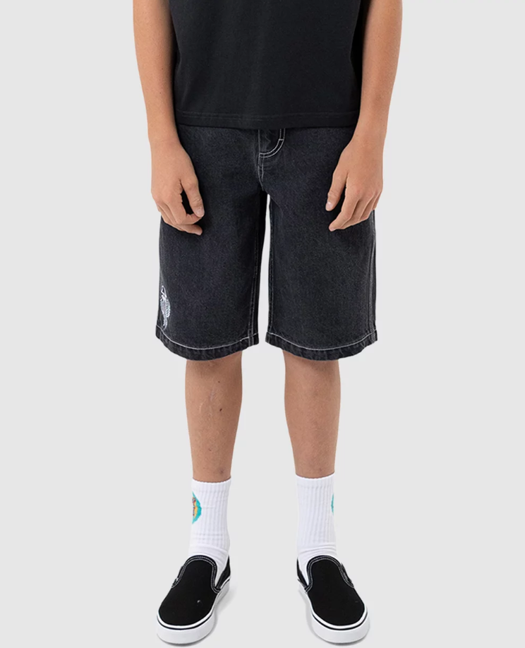 Santa Cruz Youth Tripper Stack Carpenter Denim Shorts in washed black from the front