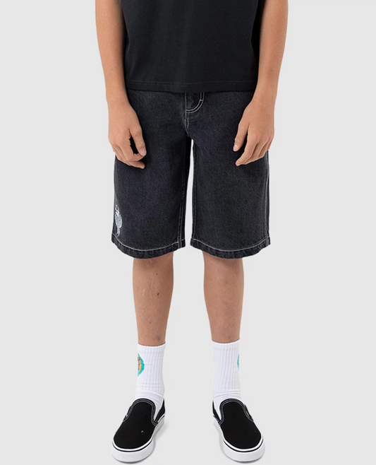 Santa Cruz Youth Tripper Stack Carpenter Denim Shorts in washed black from the front