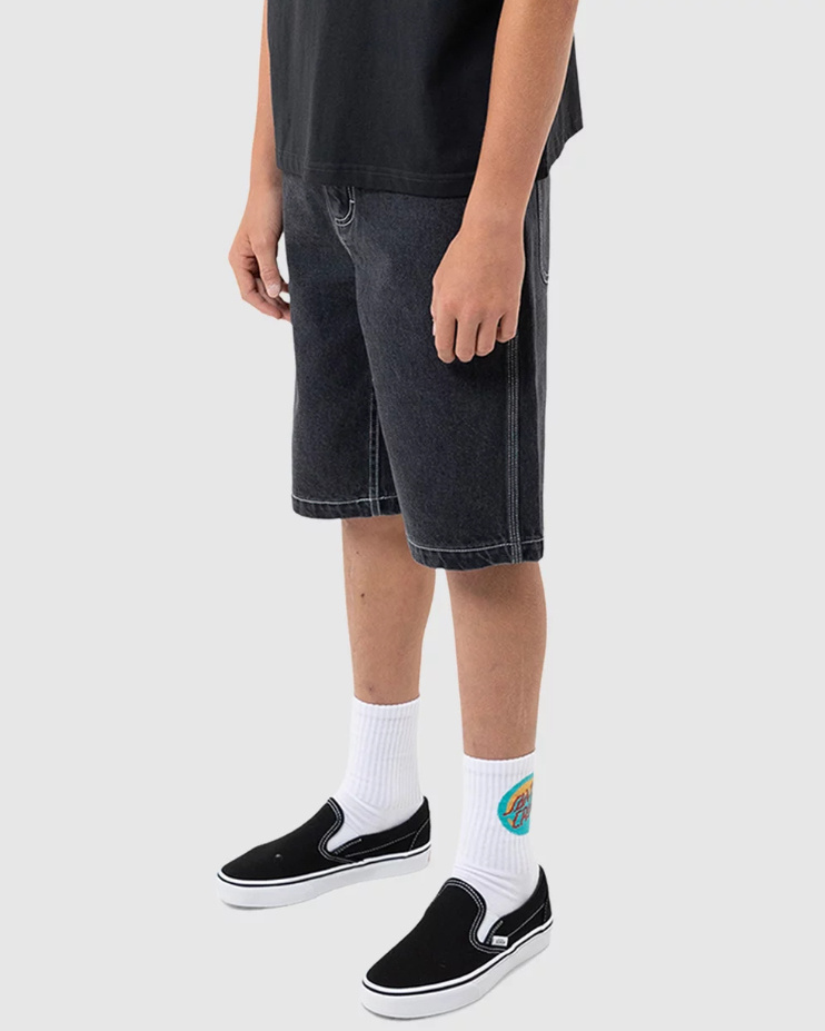 Santa Cruz Youth Tripper Stack Carpenter Denim Shorts in washed black from the side