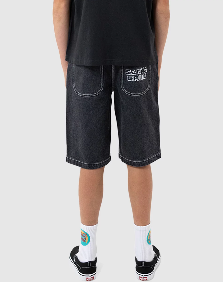 Santa Cruz Youth Tripper Stack Carpenter Denim Shorts in washed black from the rear showing embroidered pocket