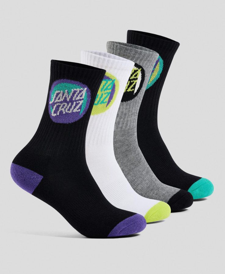 Santa Cruz Bold Shadow Dot 4 Pack Boys Crew Socks (US 2-8) in black, white and grey marle showing branding