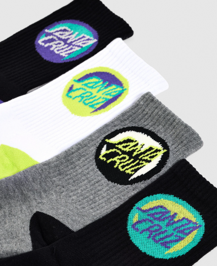 Santa Cruz Bold Shadow Dot 4 Pack Boys Crew Socks (US 2-8) in black, white and grey marle showing top branding