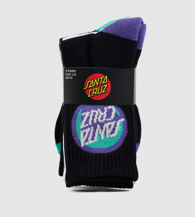 Santa Cruz Bold Shadow Dot 4 Pack Boys Crew Socks (US 2-8) in black, white and grey marle in the packet