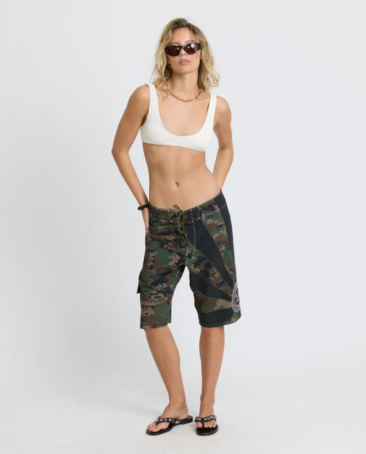 Billabong A.I Rising Sun Pro Boardshorts in olive camo on female model from the front