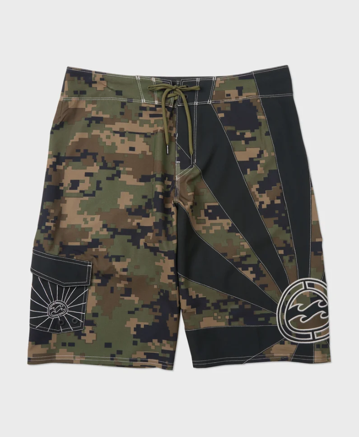 Billabong A.I Rising Sun Pro Boardshorts in olive camo colourway from front flatlay