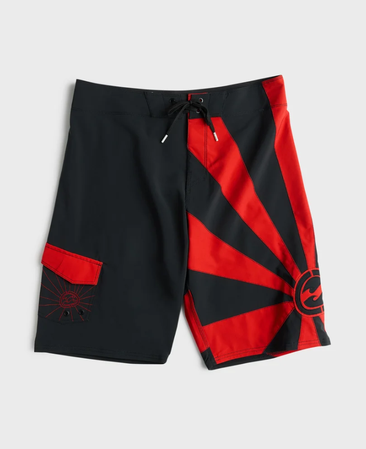 Billabong A.I Rising Sun Pro Boardshorts in black and red flatlay from the front