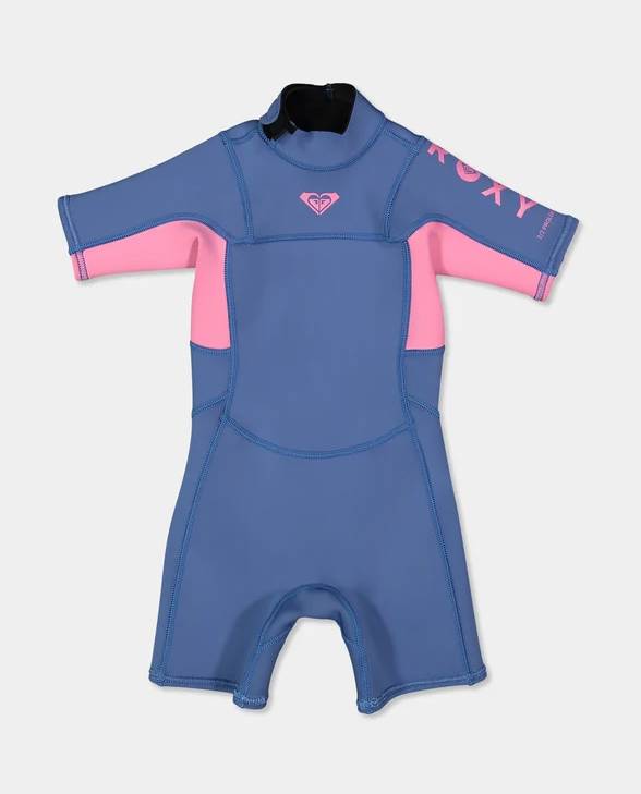 Roxy Prologue 2mm Girls Toddler Wetsuit in dutch blue colourway with pink panels flatlay from the front