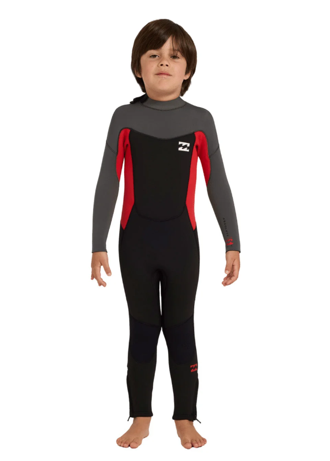 Billabong Absolute 3/2mm BZ Flatlocked Toddler Wetsuit in black, grey and red on kid from the front