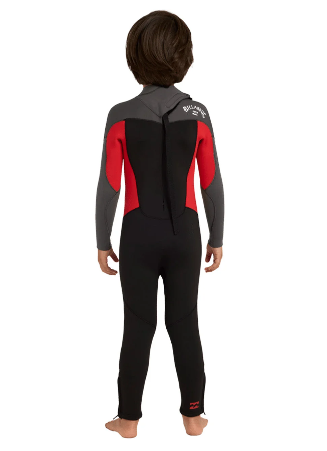 Billabong Absolute 3/2mm BZ Flatlocked Toddler Wetsuit in black, grey and red on kid from the rear