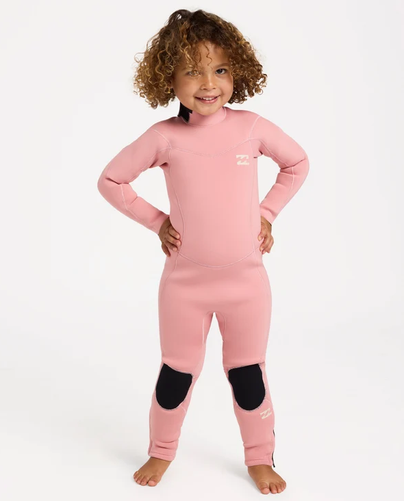 Billabong Absolute 3/2mm Flatlocked Girls Toddler Wetsuit in french rose pink colourway on a model from the front