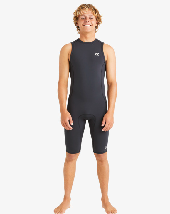 Billabong Absolute 2mm Short John Wetsuit in black on model from the front