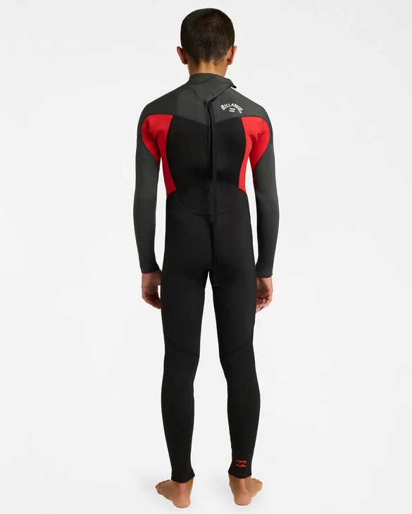 Billabong Absolute 3/2mm Flatlocked  Boys Wetsuit in black, grey and red on model from the back