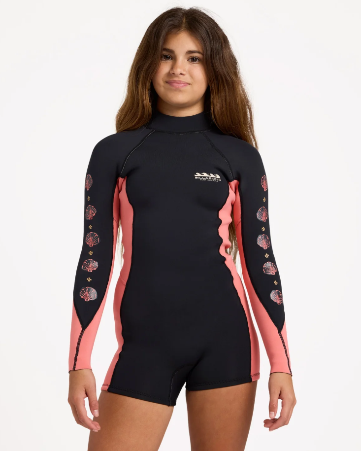 Billabong Teen Spring Fever 2mm Long Sleeve Wetsuit in black with watermelon on model from the front