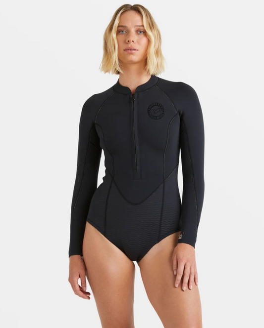 Billabong Salty Dayz Natural 2mm Longsleeve Womens Wetsuit in black on model from the front