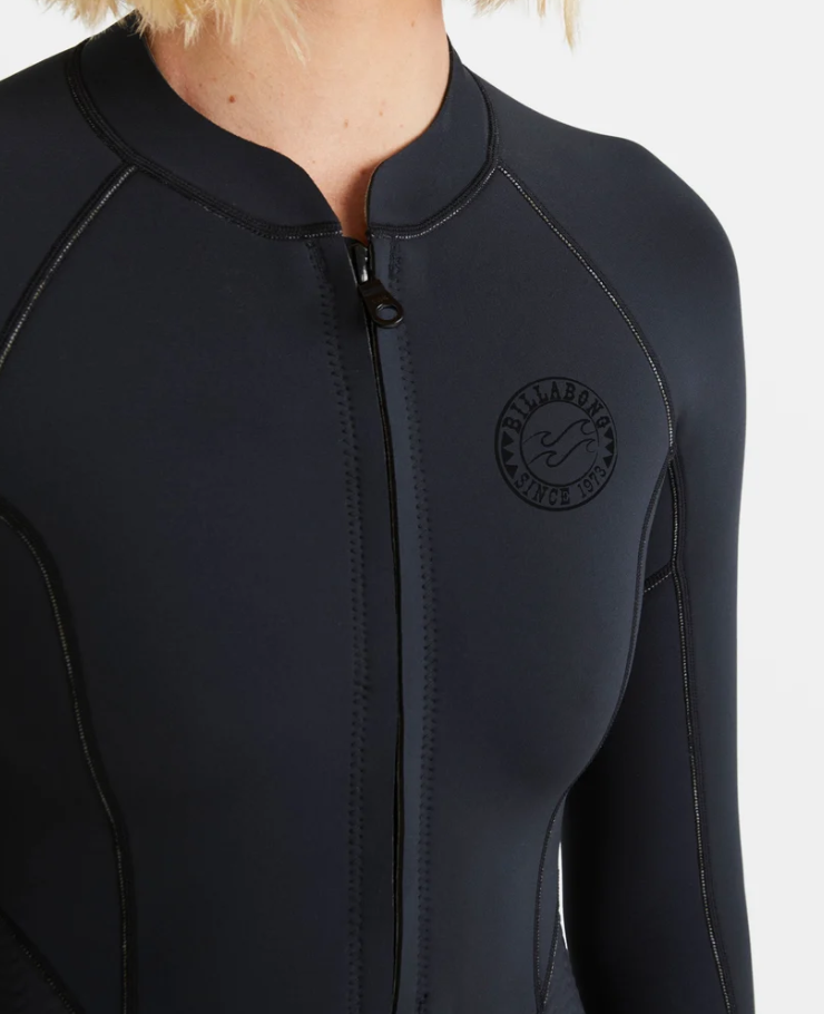 Billabong Salty Dayz Natural 2mm Longsleeve Womens Wetsuit in black close up of front zip