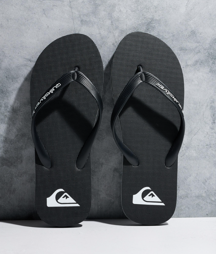 Quiksilver Moncata Core Jandals in black with white Quiksilver logos showing a pair from above
