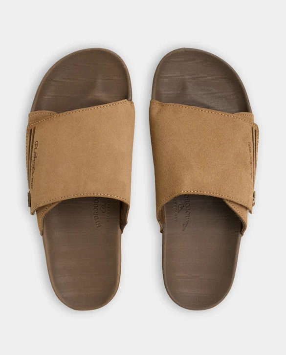 Quiksilver Sunset Suede Slides in tan showing a pair from above
