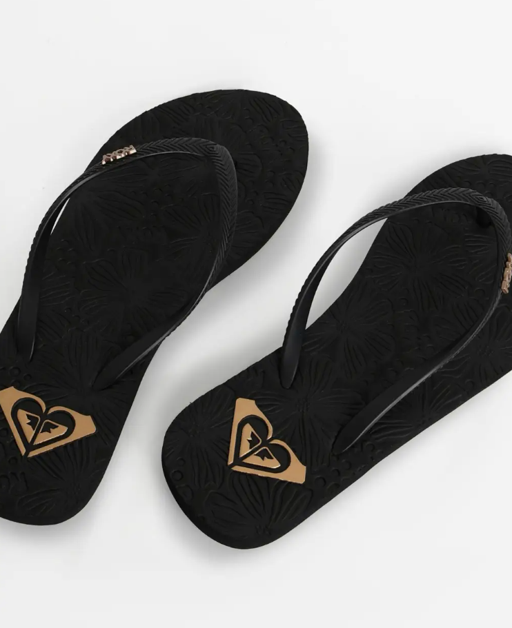 Roxy Antillles III Womens Jandals
in black with gold showing  a pair from above