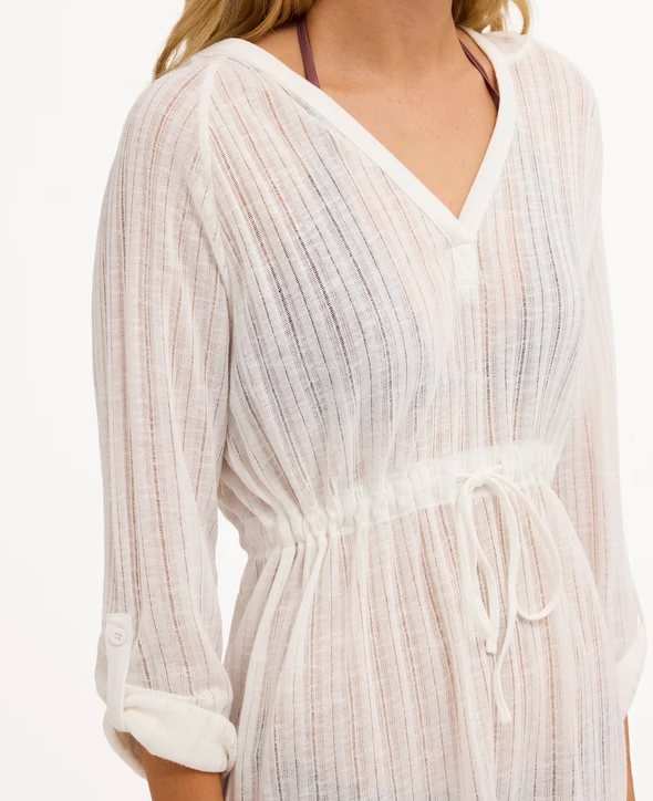 Billabong Sabine Hooded Overshirt Cover Up in white on model from the front really close up shot