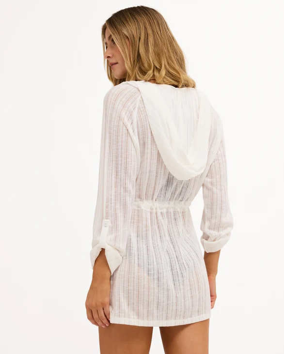 Billabong Sabine Hooded Overshirt Cover Up in white on model from the rear close up