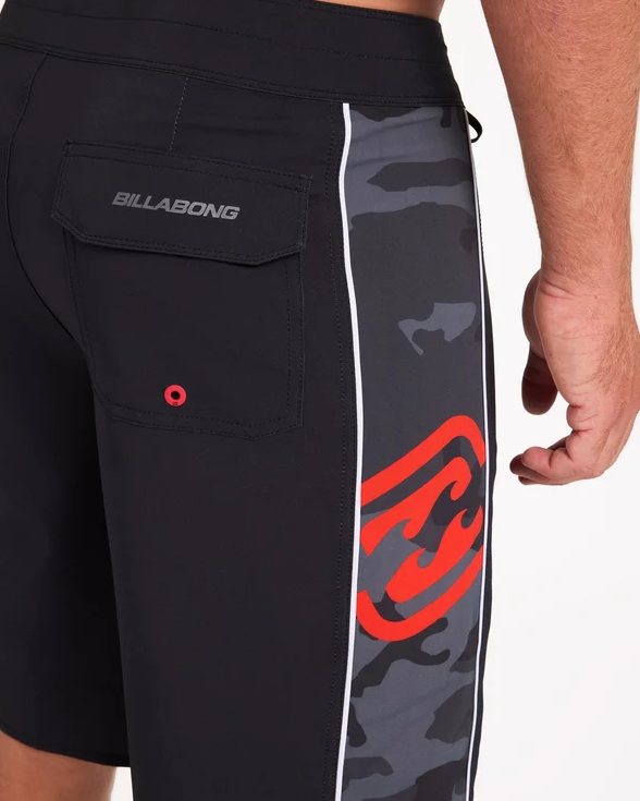 Billabong Adiv Strike Mission DBah 21" Boardshorts in black with camo panels on model from the back and side close up